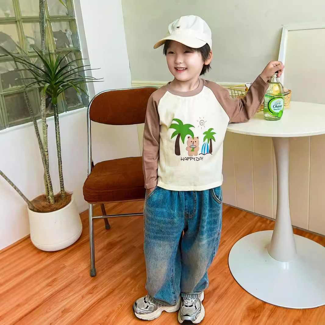 2025 nueva camiseta de algodón para niños camisas de algodón para niños de manga larga una sola pieza de ropa de algodón para mujeres de clase A dibujos animados para niños de moda