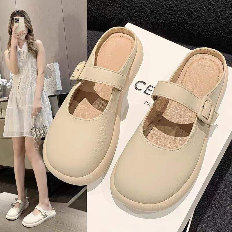 Soft-Soled Flats-Bottomed Toe-Cap Half Slippers for Women's Outer Wear 2025 Spring and Summer New Style Slip-On Versatile Soft Leather Sandals for Pregnant Women
