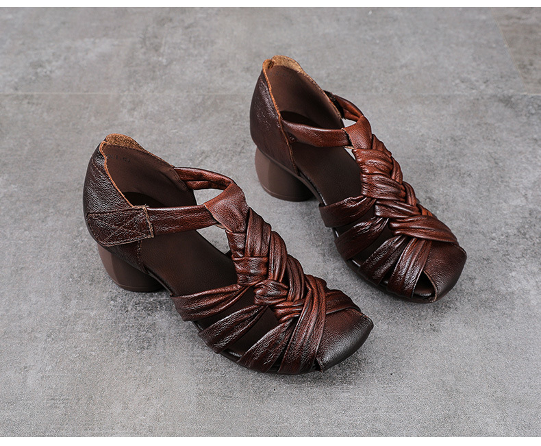 Sandal nữ quai ngang gót vuông ổn định, mũi tròn da bò thật, đế cao 5 cm — màu nâu chi tiết 13