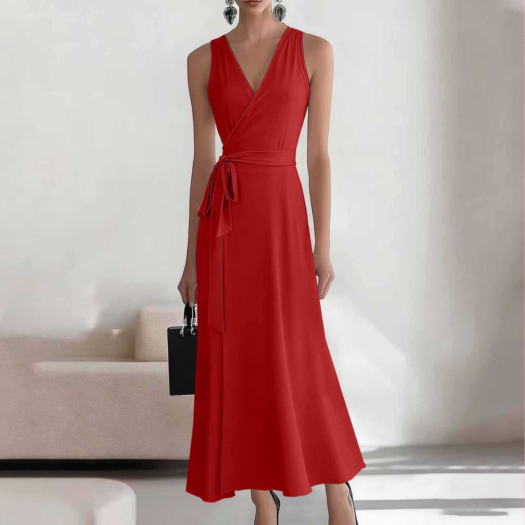 2026 European American Style New Sleeveless Elegant Cross-neck Belted Knitted Dress For Cross-border E-commerce On_ecoleips.com