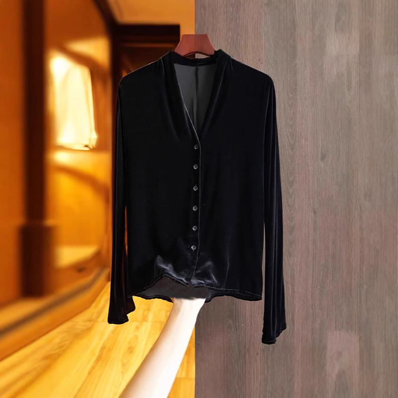 Noble and Western-style Golden Velvet All-match Long-sleeved Silk-like Velvet Top Women's Blouse Coat Chinese-style Retro High-end Autumn Dress Noble and Western-style Golden Velvet All-match Long-sleeved Silk-like Velvet Top Women's Blouse Coat Chinese-style Retro High-end Autumn Dress