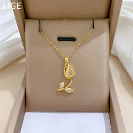 【钛钢】猫眼郁金香时尚轻奢气质华丽个性项链女百搭锁骨链钛钢