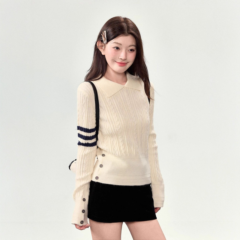 Turn-Down Collar Tb Knit Sweater Women's Top 2026 New Autumn Cable Knit Pullover College Style Sweater Women's Clothing Top