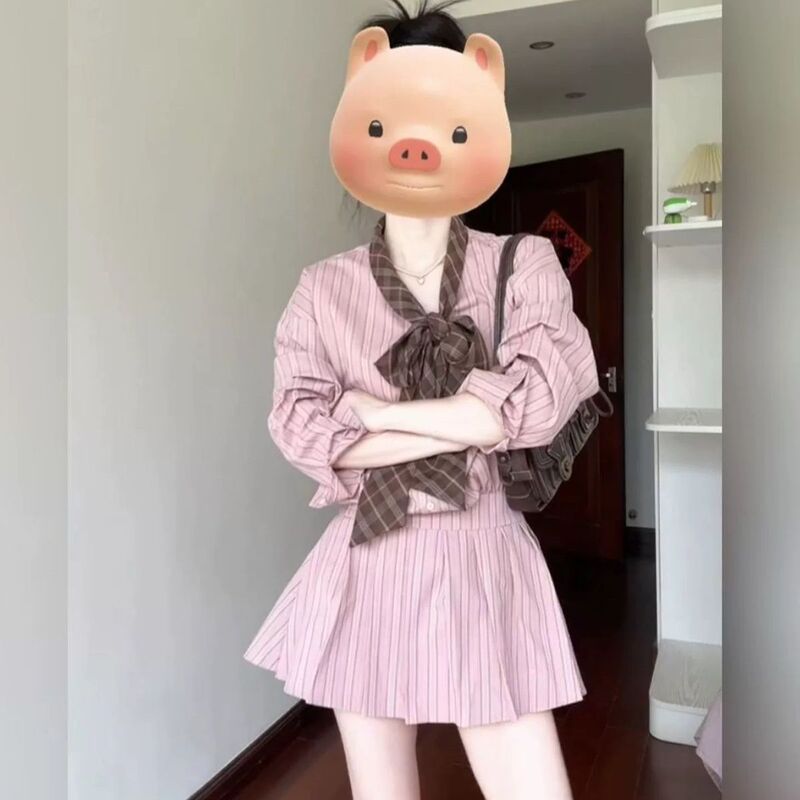 2026 College Style Pink Striped Long-Sleeved Shirt Dress for Women, New Autumn Design with Plaid Tie and Waist-Cinching