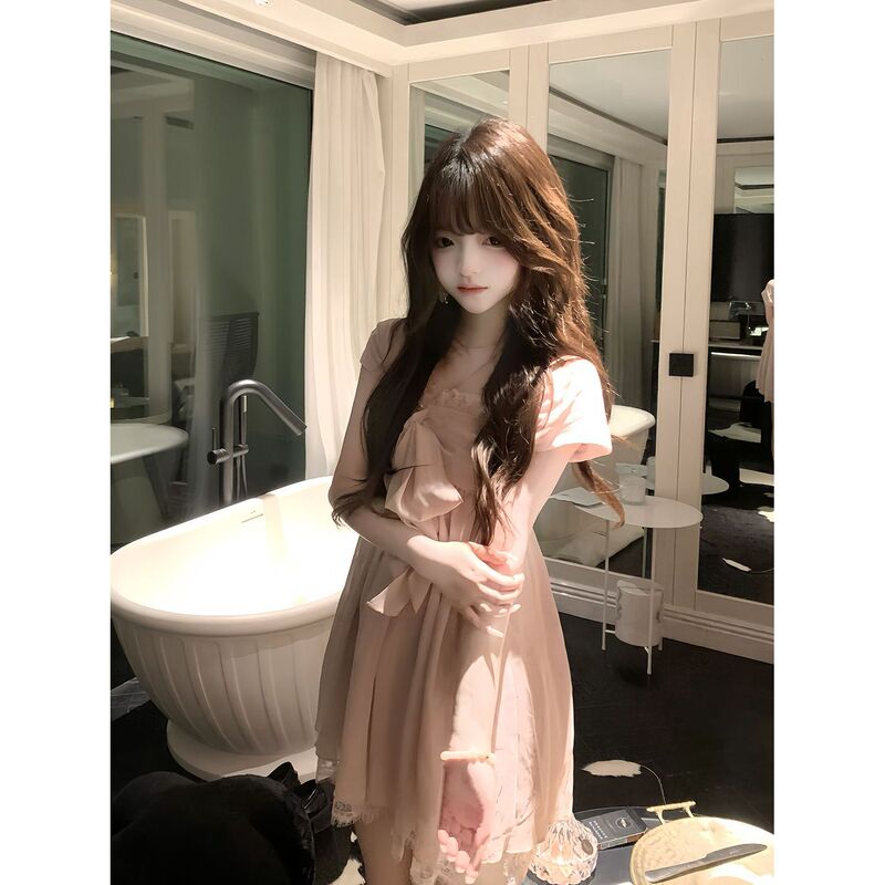 Ys Rose's Letter Vintage-Style Smoky Pink Old Money Style Suspender Dress Summer New Elegant Short Dress Ys Rose's Letter Vintage-Style Smoky Pink Old Money Style Suspender Dress Summer New Elegant Short Dress