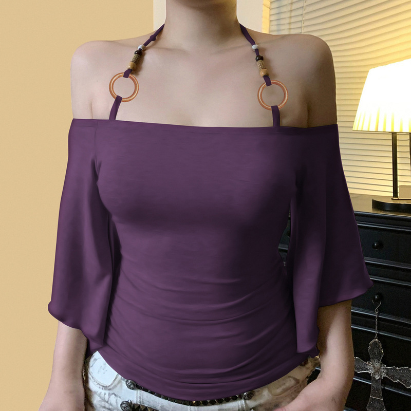 European and American Style Solid Color Off-Shoulder Top with Wooden Bead Halter Tie, Batwing Sleeves, Sexy Slim-Fit Off-Shoulder T-Shirt European and American Style Solid Color Off-Shoulder Top with Wooden Bead Halter Tie, Batwing Sleeves, Sexy Slim-Fit Off-Shoulder T-Shirt