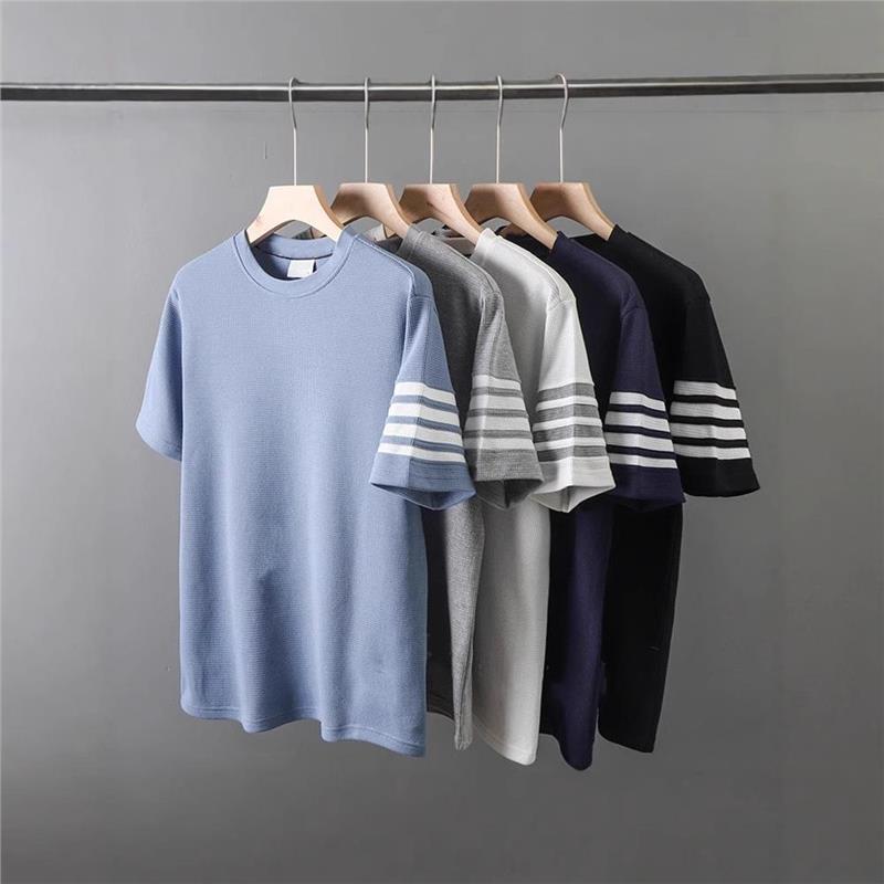 日系薄款纯色短袖T恤男夏季透气宽松四条杠小领口打底衫半袖潮