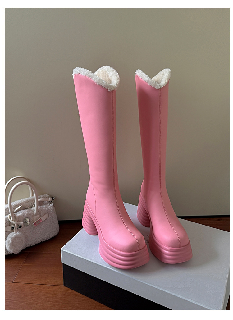 Boot nữ cổ cao gót 10 cm đế dày phong cách hiệp sĩ, miệng chữ V, lót len mùa đông — màu đen, màu hồng, Màu trắng nhạt chi tiết 16