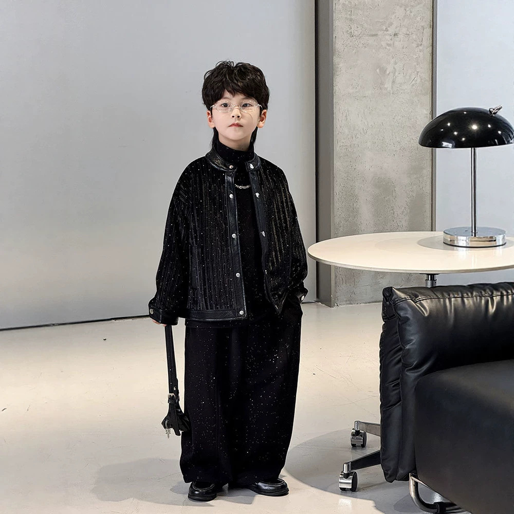 Boys' velvet jacket, 2026 spring/autumn new collection, Korean-style trendy children's black rhinestone outerwear, direct from the manufacturer