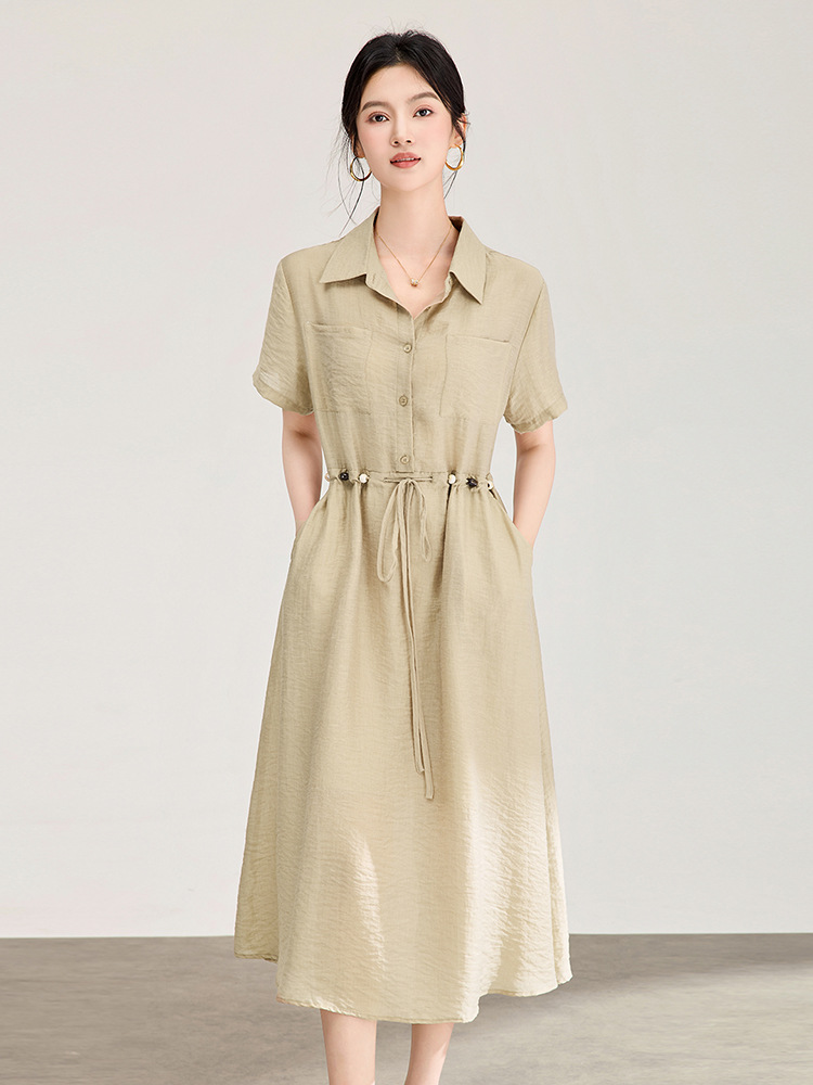 Đầm sơ mi nữ dáng suông chất liệu linen phối cườm nhẹ — màu xanh navy