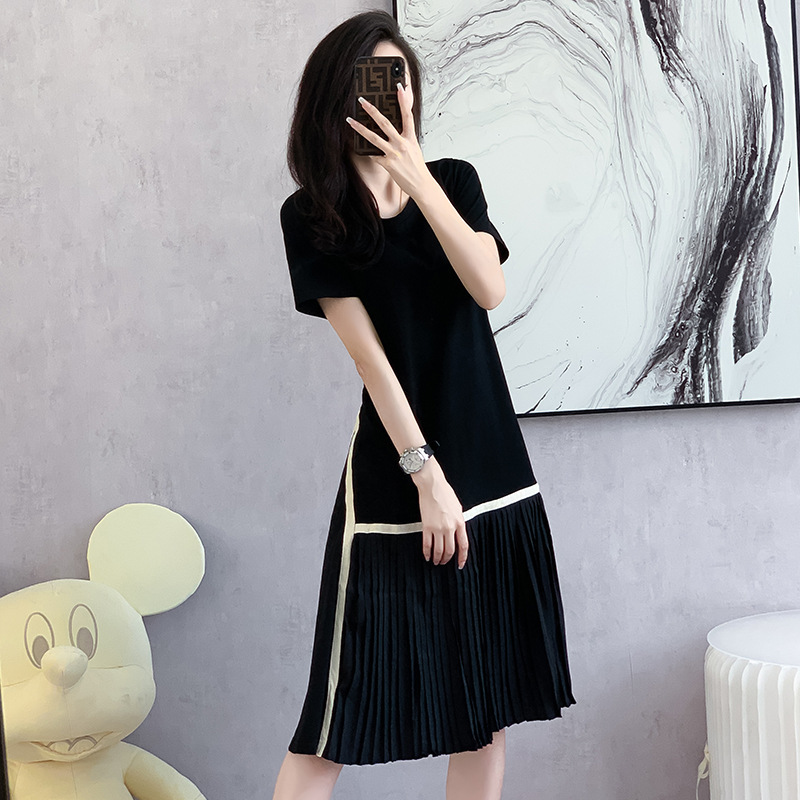 Real Shot of 2026 Summer New Style Mid-Length T-Shirt Dress with Pleated Patchwork, Plus-Size Women's Dress