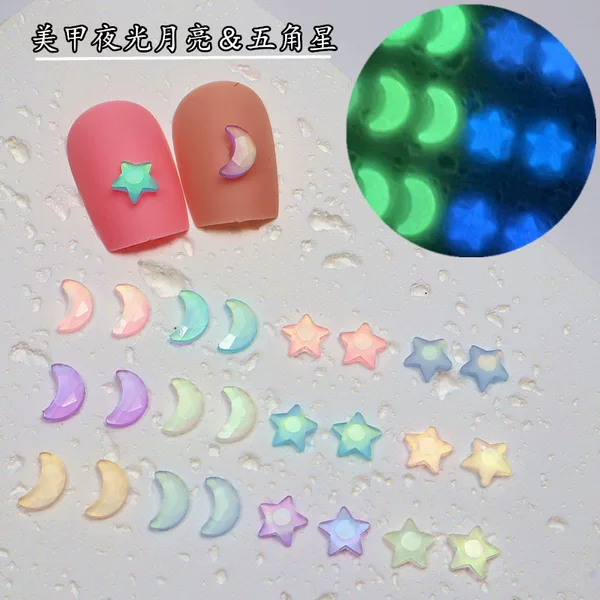 Internet Celebrity Nail Art Luminous Jewelry Stars Moon Five-Pointed Star Fluorescent Ice Transparent Nail Diamond Starry Sky Decoration DIY Accessories
