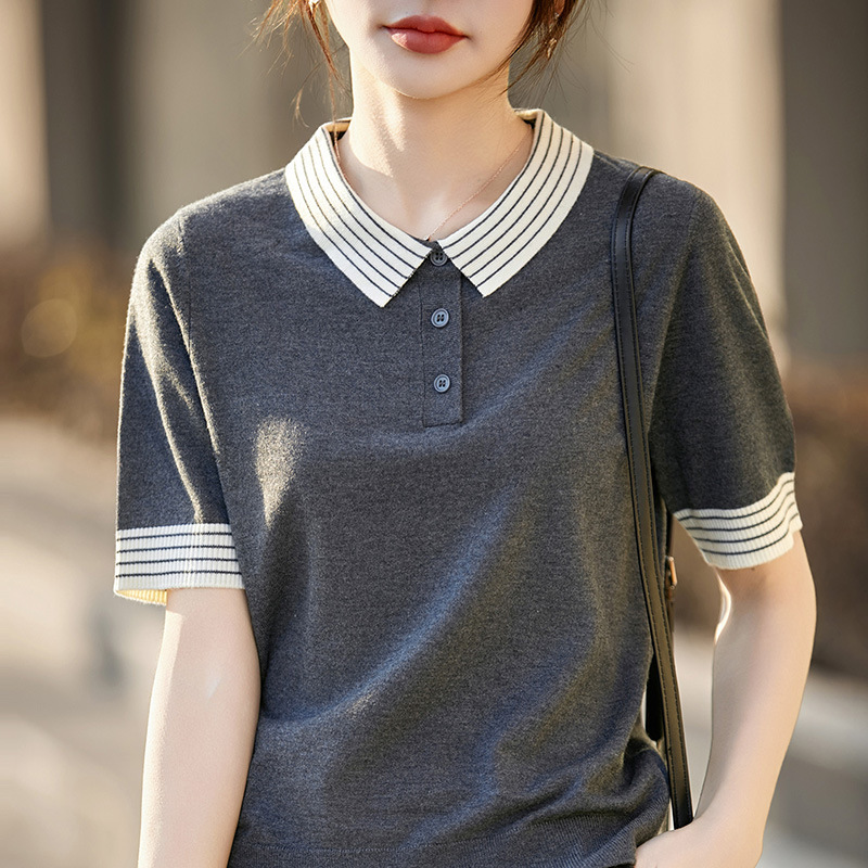 2026 Spring and Autumn New Fine Wool Cashmere Polo Collar Knit Sweater Short Sleeve Color Block Loose Fit Base Shirt Top 2026 Spring and Autumn New Fine Wool Cashmere Polo Collar Knit Sweater Short Sleeve Color Block Loose Fit Base Shirt Top
