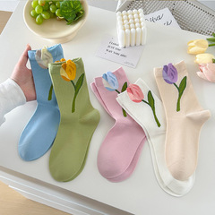 無骨襪子女立體鬱金香中筒襪精梳棉女襪四季款甜美長筒襪跨境批發