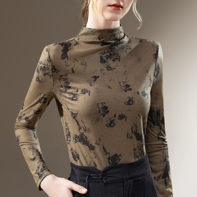 Camisa de fondo de cuello alto de las mujeres 2023 nuevas mujeres vintage impreso estilo occidental pequeña camisa elegante Cintura interior apretada superior image 2
