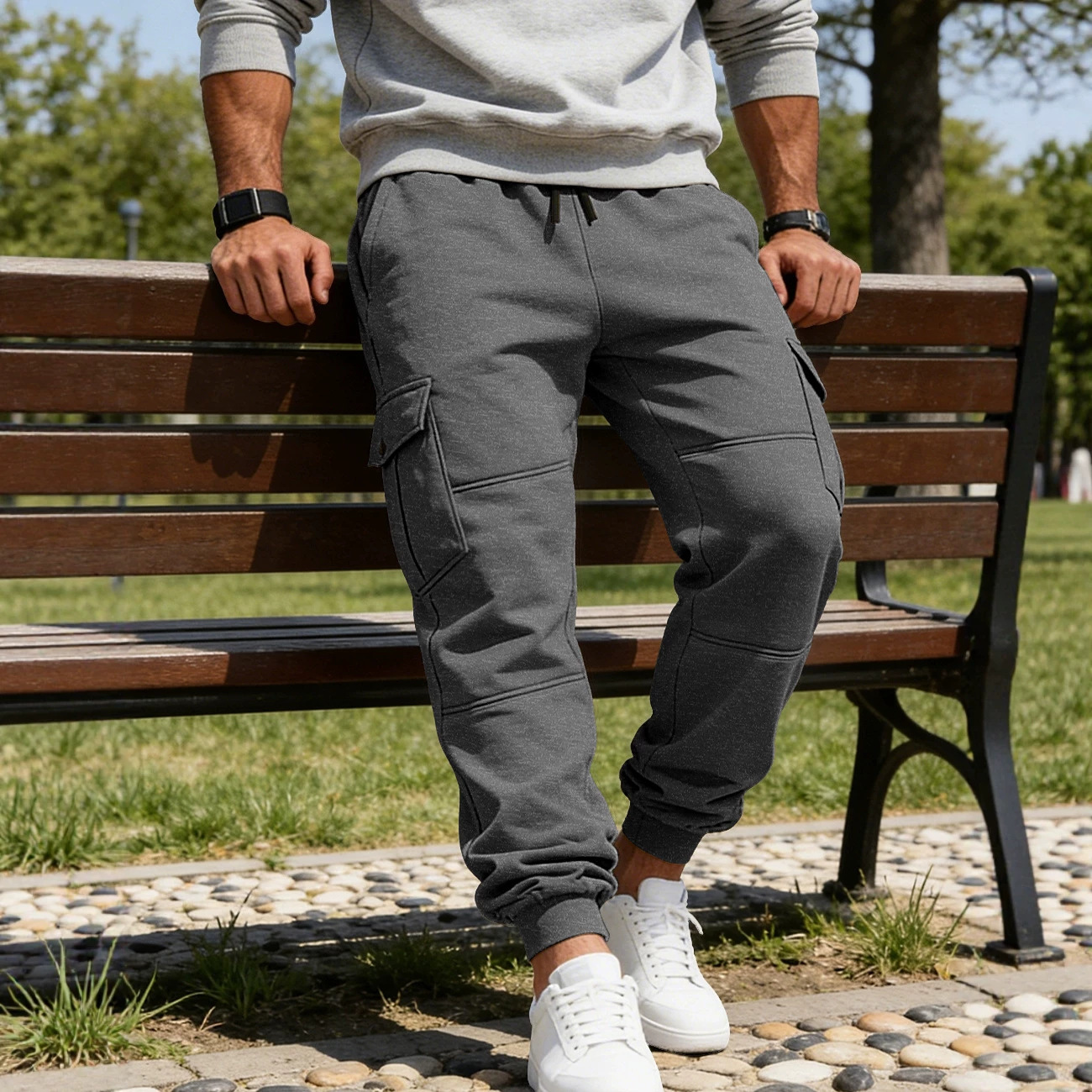 Transfronterizos Europa y América Amazon otoño y invierno más vello pesado pull cordón hombre deportivo relajado ocio multi-bolsillo pantalones de trabajo