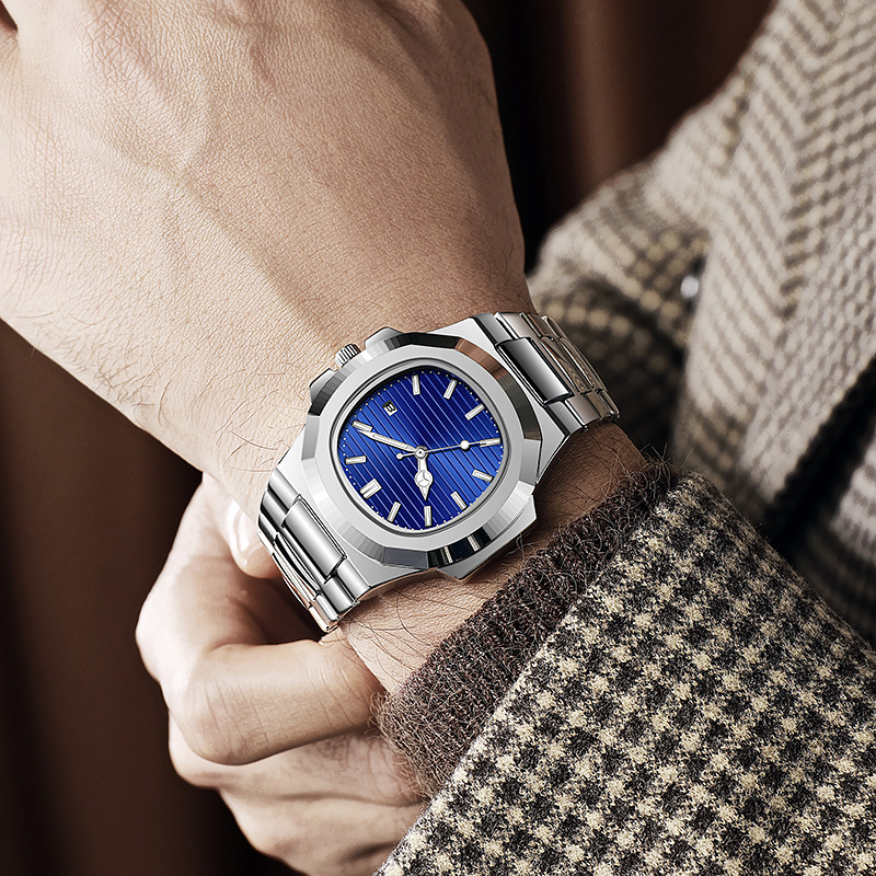 Relojes Nautilus transfronterizos Relojes mecánicos falsos Moda para hombres Cinturón de acero Calendario Reloj de cuarzo de fondo hueco luminoso