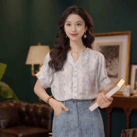 新中式花边V领短袖衬衫女薄款百搭纽扣上衣