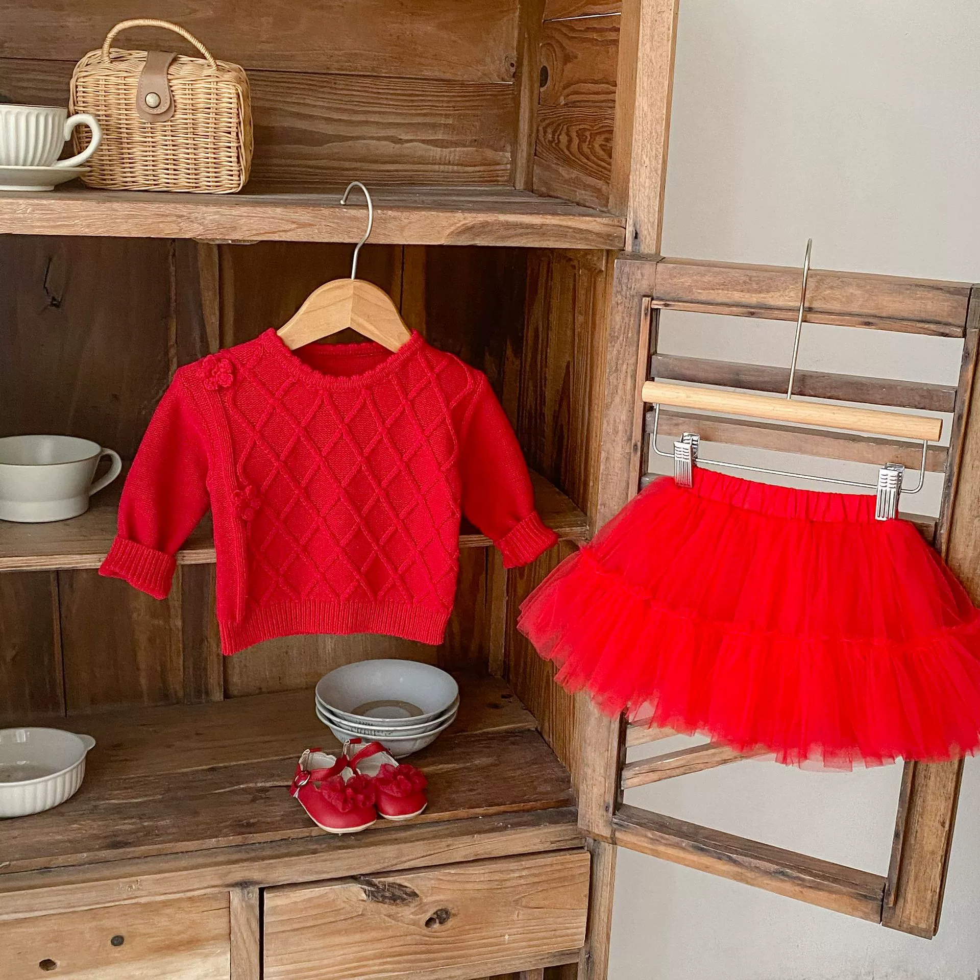 Spring children's cotton knitted keep warm sweater, skirt