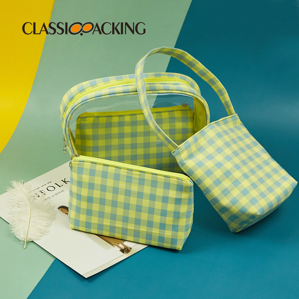 Versión coreana del bolso de mano simple, bolso de almacenamiento portátil con cremallera de gran capacidad, bolso de maquillaje de tela a cuadros multifuncional portátil para mujer