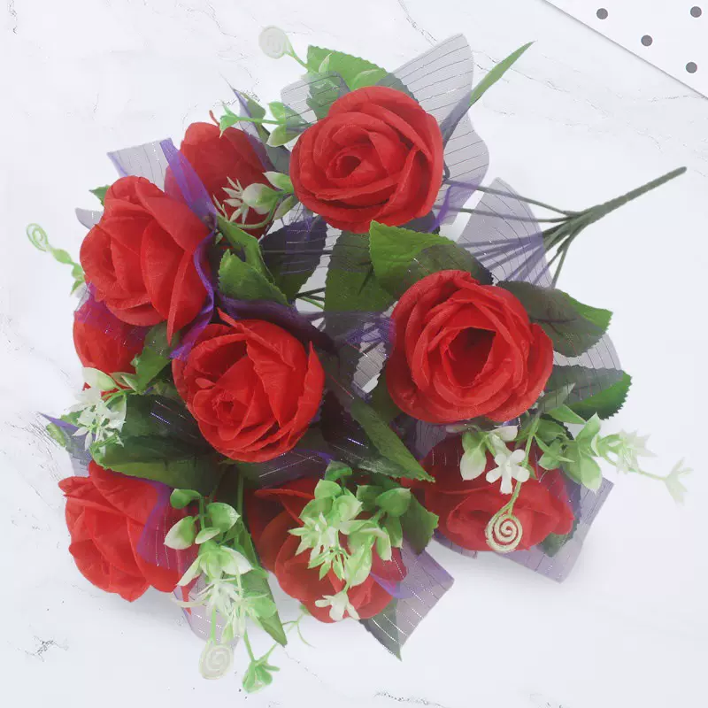 12头纱巾仙桃玫瑰仿真花束婚庆装饰道具绢花永生花束摆放工艺假花