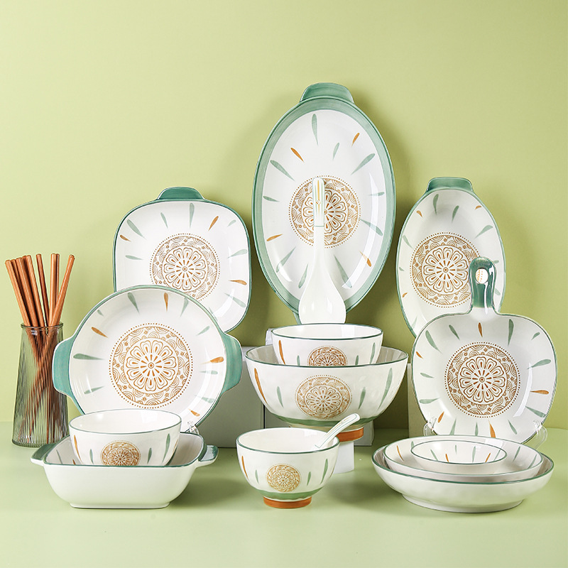 New Japanese-Style Household Bowls and Plates Set Ceramic Tableware Popular Creative Combination Ins Style Dinner Plate Rice Bowl Fish Plate