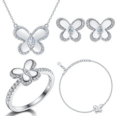 Foreign Trade Cross-border Butterfly 925 Pure Silver Jewelry Set Four-Piece Ring Necklace Earrings