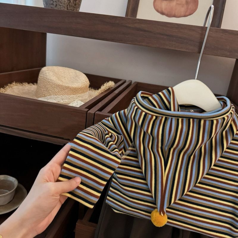 New Spring/Autumn Style Boys and Girls' Hooded Striped Color-Blocked Base Shirt, Korean Style Fashionable Long-Sleeved Top