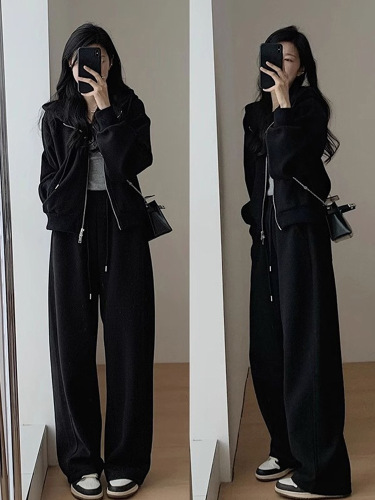 Languid Autumn Casual Sports Fashion Set for Women, K-Drama Heroine Short-Sleeve Jacket and Floor-Length Wide Leg Pants Two-Piece Set