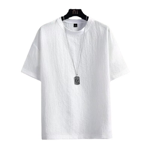 Summer new half-sleeved T-shirt cotton, linen and linen short-sleeved T-shirt for men summer solid color loose bottoming shirt white five points