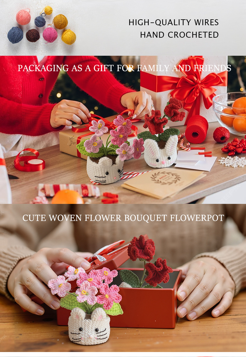 Wholesale of cross-border new handmade small potted flower crocheted artificial flower decorative ornaments, finished knitted potted plants pic 5
