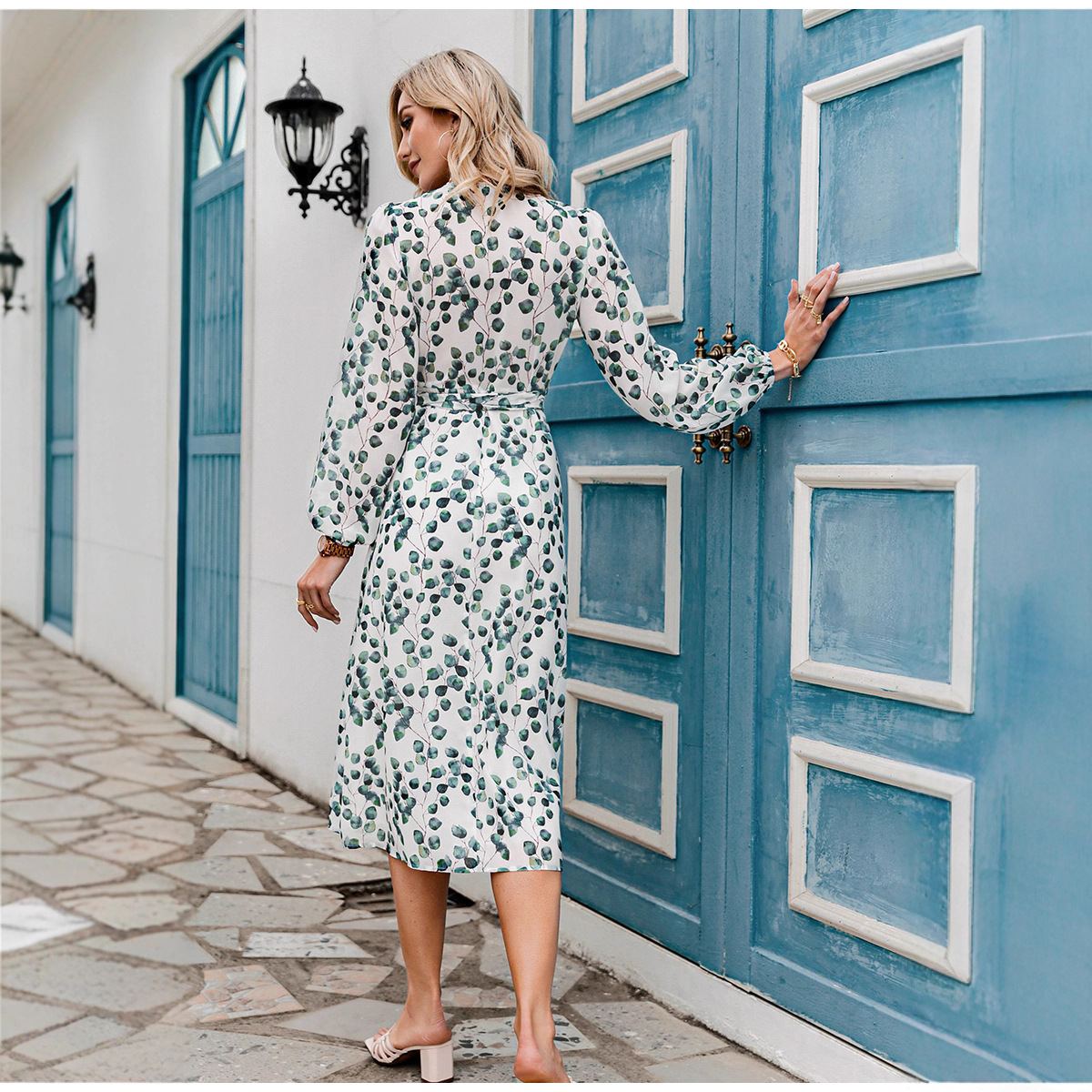 2025 European and American cross-border foreign trade printed spring and summer long-sleeved lace-up A-line green leaf women's dress with high waist