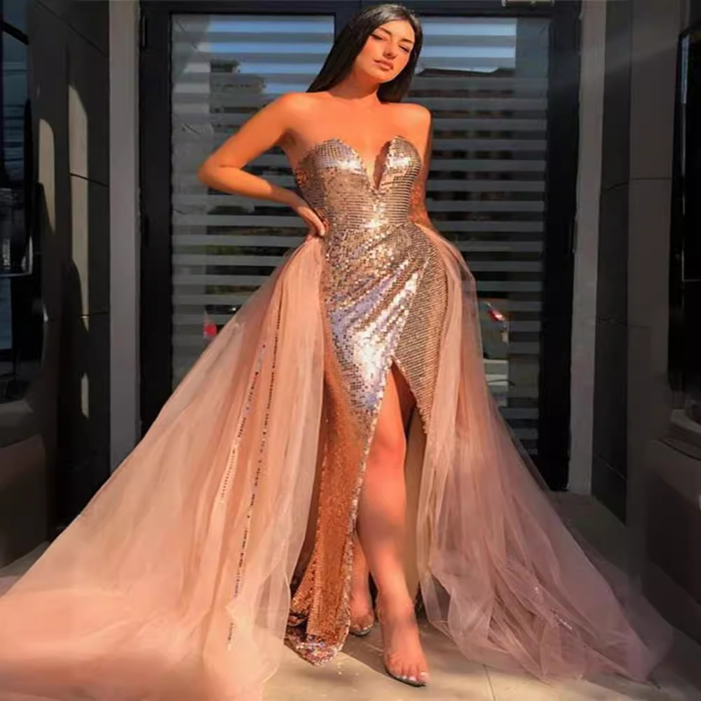 Vestido de Noche Elegante con Abertura y Lentejuelas Doradas, Estilo Europeo y Americano, Novedad de Primavera-Verano 2025 para Mujer