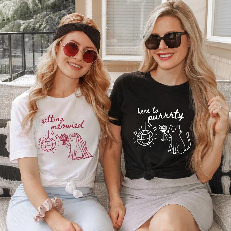 European Size Cat-Themed Bach Party T-Shirt, Cat Lover Wedding T-Shirt, Cat Bride Girl Party T-Shirt Top