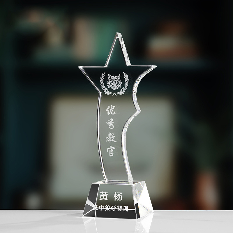 Trofeo de cristal de grabación reunión anual de competición de premios medallas de metal de madera sólida colorido trofeo de cristal impreso