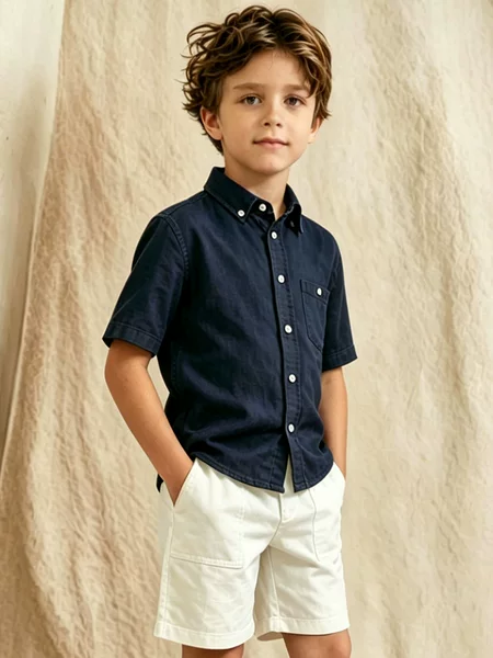 Classic Old Money Linen Short-Sleeve Shirt for Young Boys, Cotton-Linen Turn-Down Collar Shirt, Nordic Academy Style Breathable Top