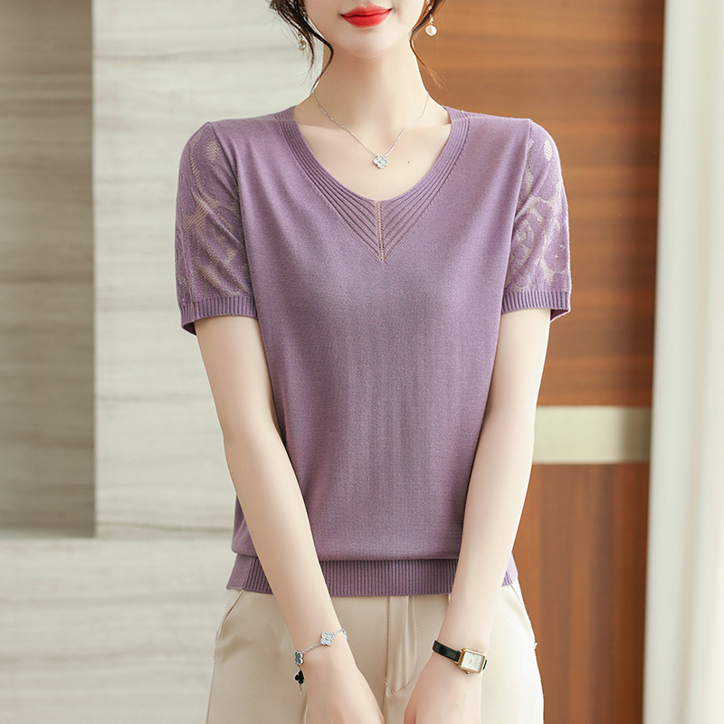 V-neck Ice Silk Short-sleeved T-shirt Women's Summer Thin Knitted Shirt Mother's Summer Short Lace Top Western Style Small Shirt V-neck Ice Silk Short-sleeved T-shirt Women's Summer Thin Knitted Shirt Mother's Summer Short Lace Top Western Style Small Shirt