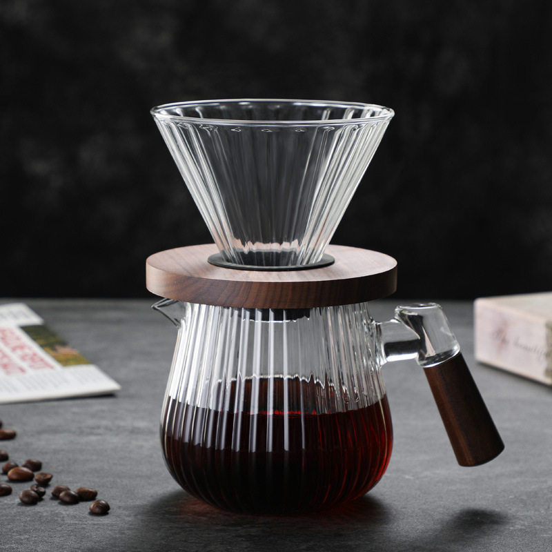 New vertical grain wooden handle household glass coffee pot suit drip filter hand coffee sharing pot