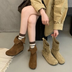 秋冬款法式皮带扣时装短靴2025新款软底两穿翻折纽扣内增高靴
