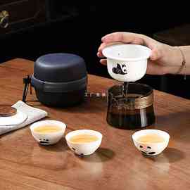 5RY法风手绘熊猫便携旅行式茶壶快客杯陶瓷玻璃户外一壶三杯茶具