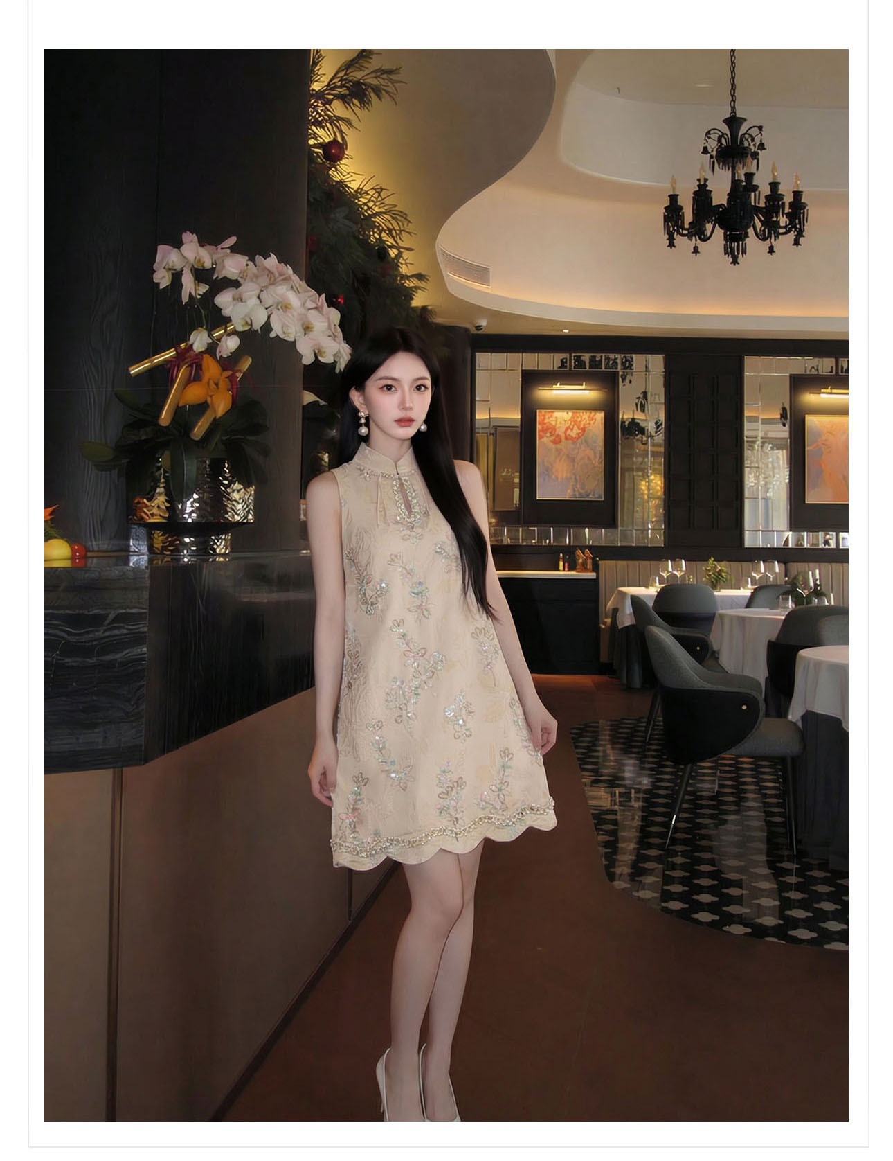 Đầm suông midi tay không họa tiết hoa nhí phong cách Tân Trung Hoa thêu hạt cườm — màu mơ chi tiết 16