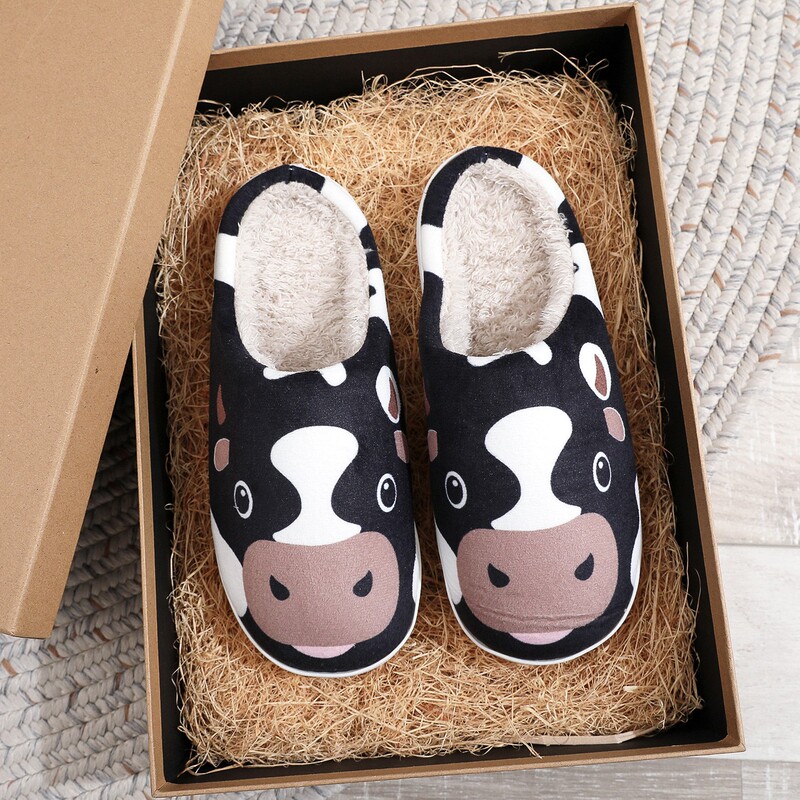 Cross-border Christmas Cow Printing Creative New Comfortable Cotton Slippers for Men and Women Home Winter Plush Slippers for Hair