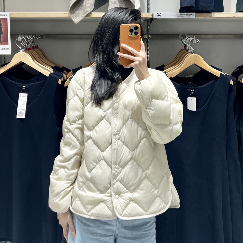 Transfronterizo Tik Tok nuevo chaqueta de plumón de alta calidad mujer corta ligera delgada plumón revestimiento de cuello redondo chaqueta casual