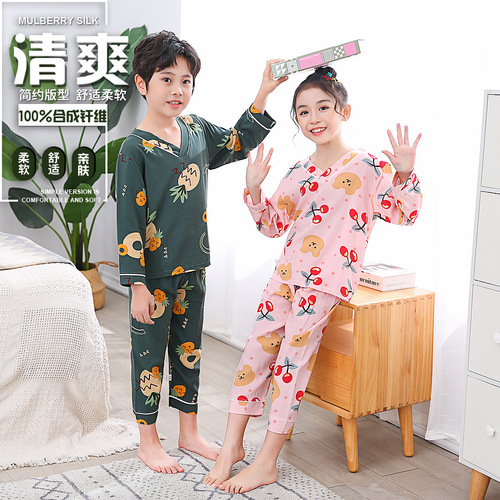 Children's pajamas summer thin children's air-conditioned clothes cotton silk home clothes set cotton silk solid color printing one piece drop shipping