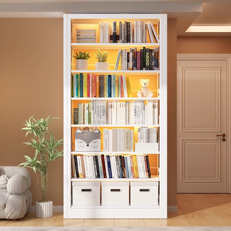 Estantería de acero Estante de piso Biblioteca para el hogar Estante para libros para niños Estante para libros ilustrados Sala de estar Gabinete de rejilla trasera de puerta simple