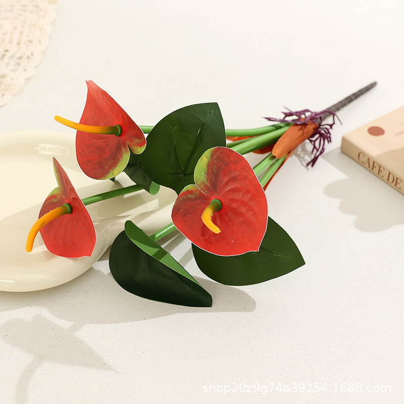 Single Seven-Branch Small Red Anthurium Bouquet in Glass Vase, Fake Water, Dining Table, Hotel Living Room Soft Decoration Floral Art, Ins Style