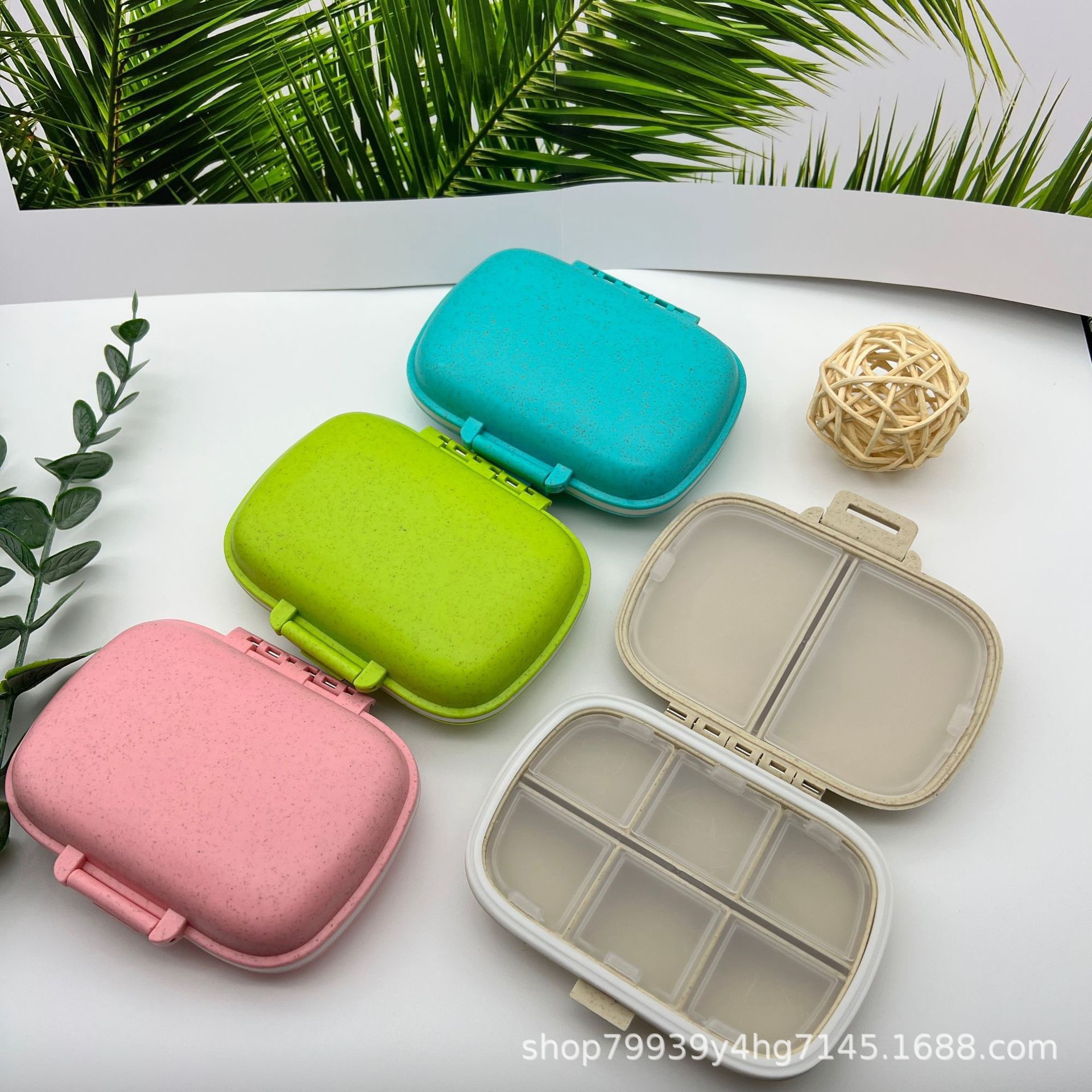 Amazon paja de trigo portátil 8-rejilla sellada caja de la píldora impermeable a prueba de humedad caja de almacenamiento de embalaje 7 días a la semana