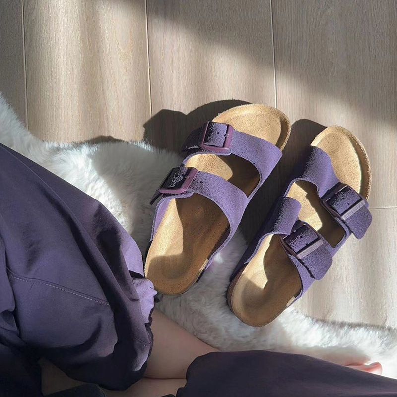 [Ready Stock] Purple Genuine Leather Birkenstock Shoes Summer New Style Buckle Women's Frosted Flat Outer Wear Beach Sandals and Slippers