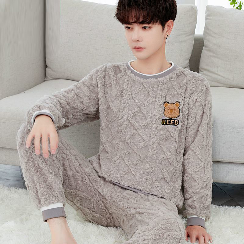 남성 잠옷 가을, 겨울 두꺼운 벨벳 겨울 산호 벨벳 따뜻한 청소년 슈퍼 두꺼운 가정 의류 세트