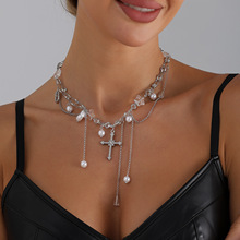 欧美跨境饰品轻奢少女系十字架吊坠项链ins五星异型珍珠水晶配饰
